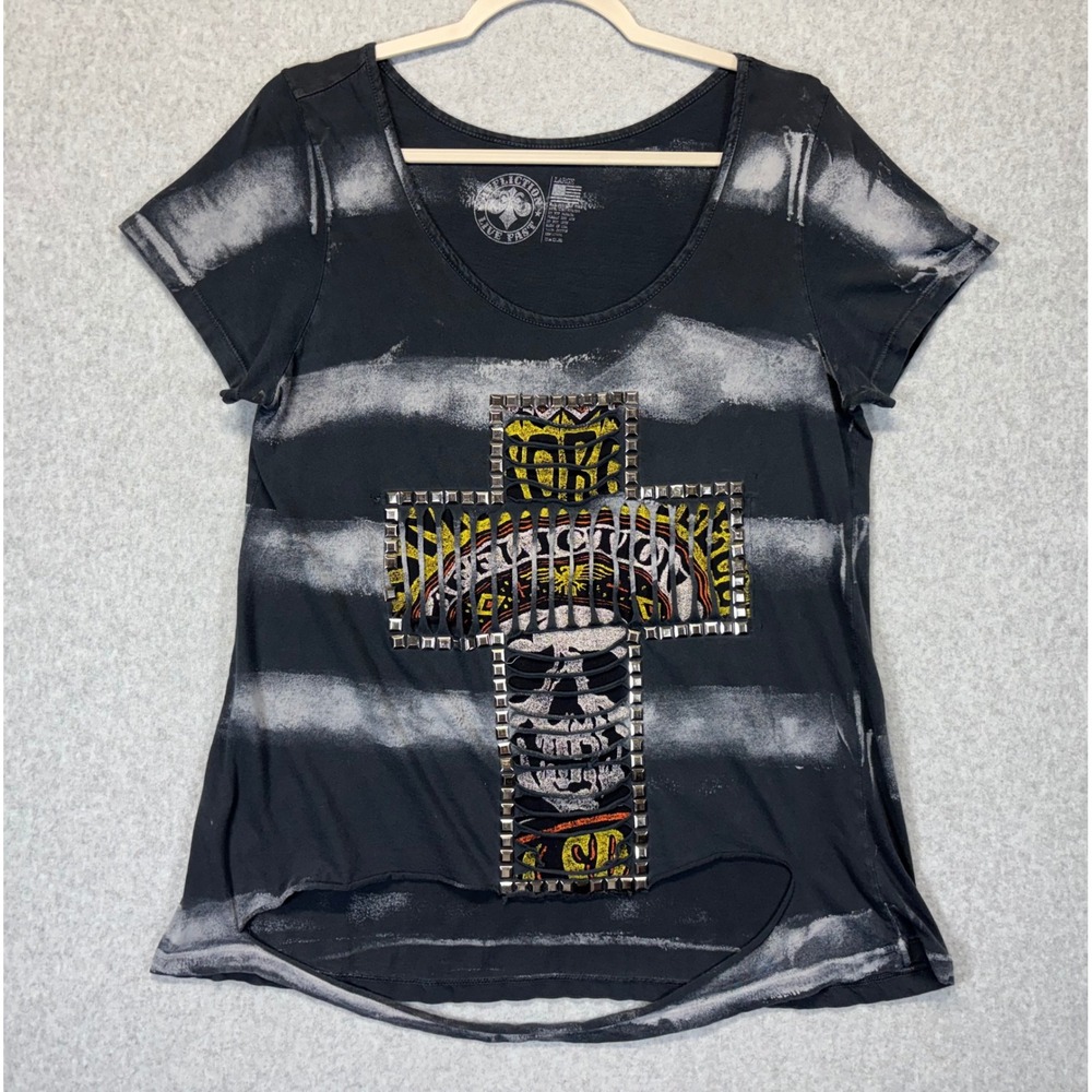Affliction Live Fast Womens Large Black Striped Studded Skull Cross T-Shirt Y2K